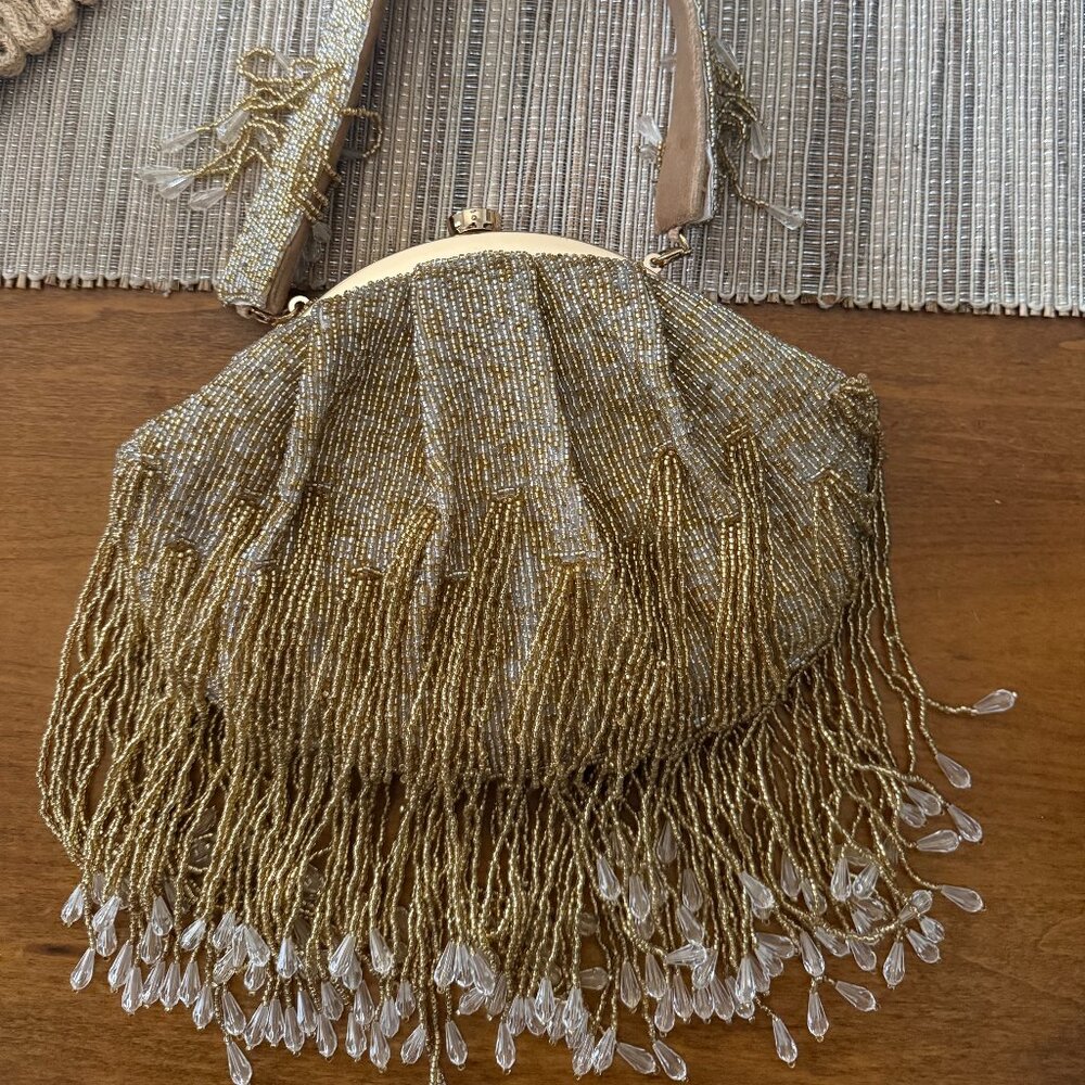 NEW Gold Beaded Elegant Statement Clutch with Strap